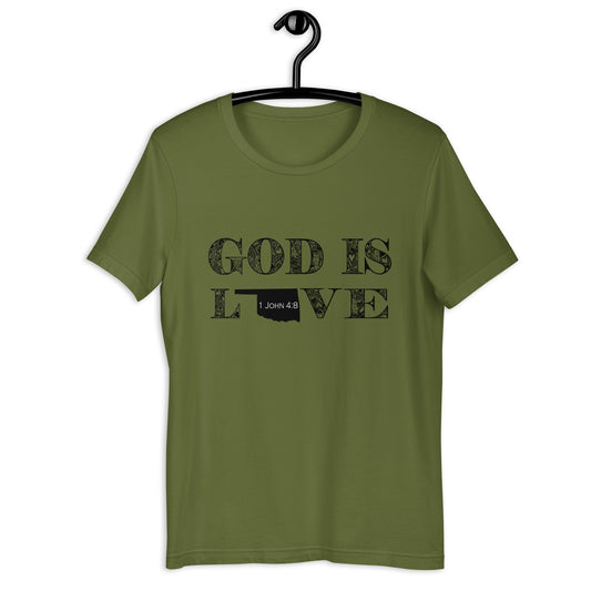 1 John 4:8 God is Love Unisex Oklahoma T-shirt in Olive - front view on hanger