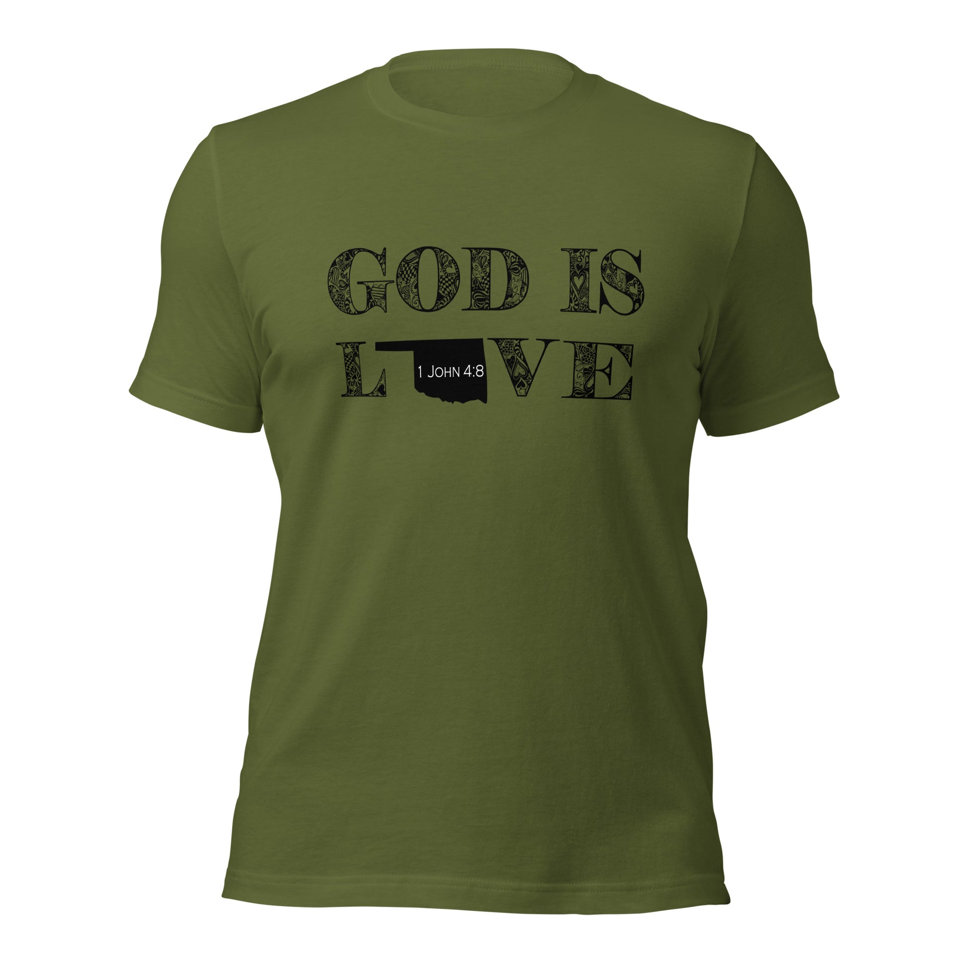 1 John 4:8 God is Love Unisex Oklahoma T-shirt in Olive - front view