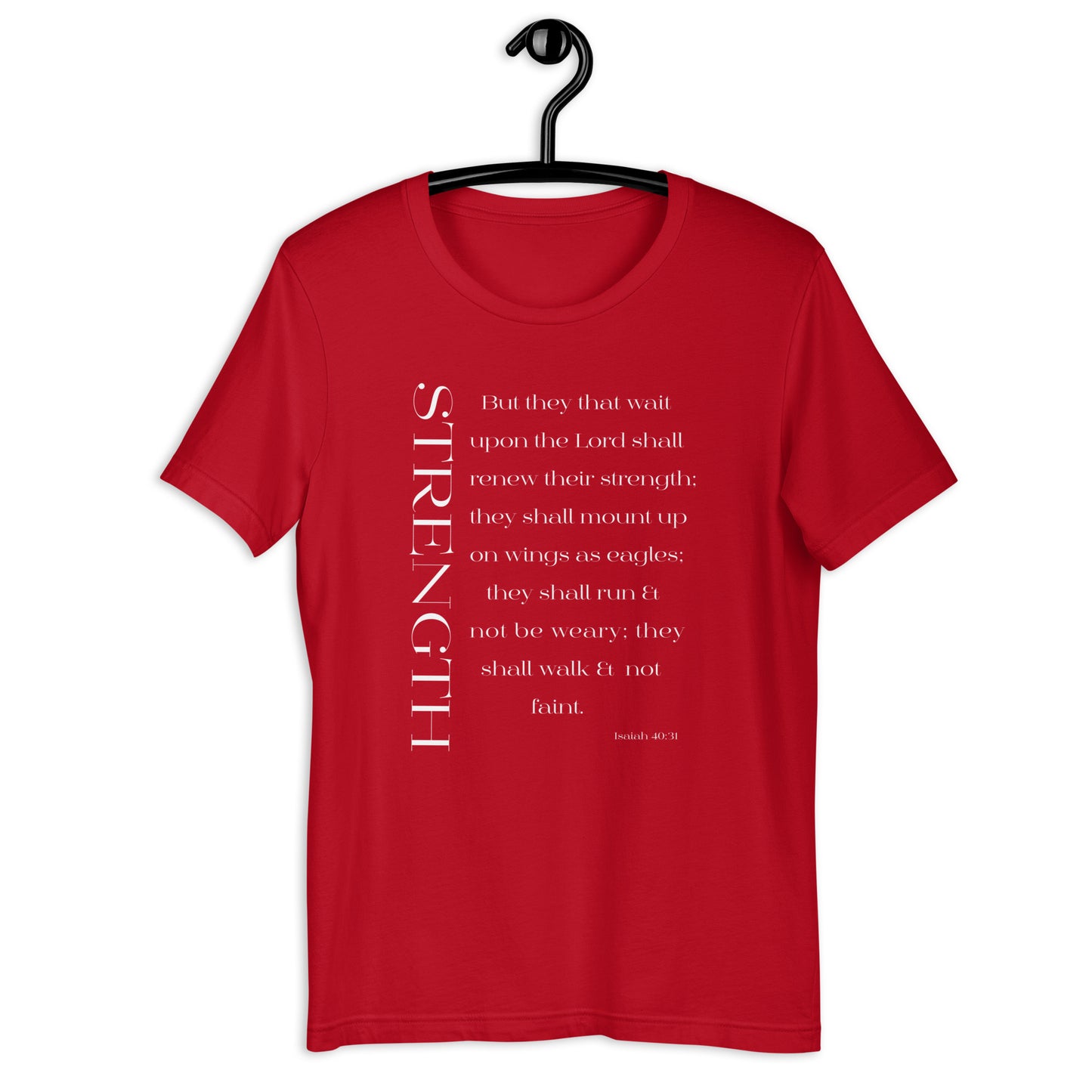 Isaiah 40:31 Strength Short-Sleeve Unisex T-Shirt red on hanger